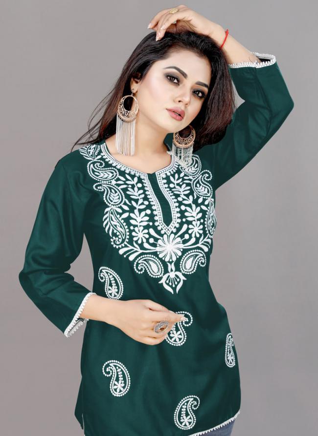 Rayon Green Casual Wear Embroidery Work Readymade Kurti